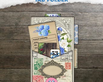 Blue Junk Journal, shabby paginavak, tijdschrifttoppers, gelaagd, chic, afdrukbaar, plakboek, digitale kit, downloadtabmap, kortstondig