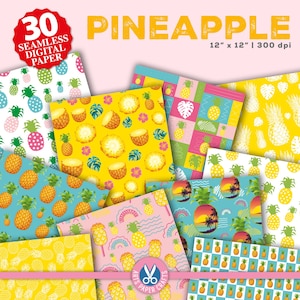 May include: 30 digital papers featuring pineapple designs in various colors and patterns. The papers are 12 inches by 12 inches and 300 dpi.
