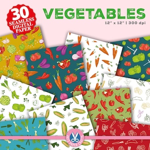 Op de afbeelding: 30 digitale papieren met naadloze patronen van verschillende groenten, waaronder wortels, paprika's, uien, maïs en meer. De papieren zijn 30,48 cm bij 30,48 cm en 300 dpi.