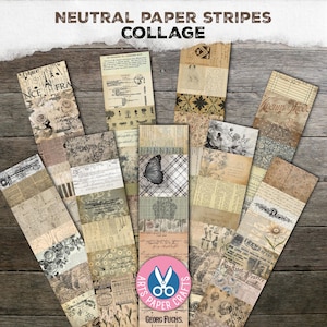 May include: A collage of neutral paper stripes with vintage designs, including floral patterns, text, and a butterfly. The text "NEUTRAL PAPER STRIPES COLLAGE" is at the top. The collage includes the text "ARTS PAPER CRAFTS GEORG FUCHS."