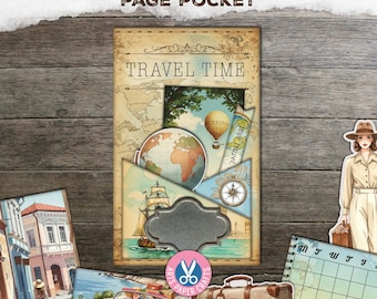 Page Pockets, Travel Junk Journal Kit, Tab folder, Shabby, Vintage, Retro Travel, Digital Download, Printable Library Card, Folio, Folder