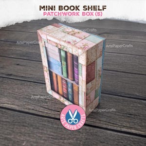 May include: A miniature patchwork book shelf box with a floral and geometric pattern. The box features a window displaying miniature books in various colors. The text "MINI BOOK SHELF PATCHWORK BOX (5)" is visible at the top.