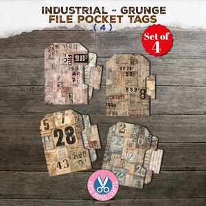 May include: A set of four industrial grunge file pocket tags. Each tag displays a collage of vintage numbers and text in brown, beige, and red hues. The tags have a distressed, aged look, with the text "INDUSTRIAL - GRUNGE FILE POCKET TAGS (4)" at the top.