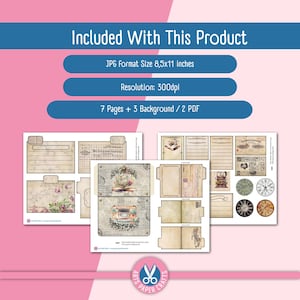 May include: A digital craft kit featuring seven pages and three backgrounds in JPG format, size 8.5x11 inches, 300dpi resolution, and two PDF files. The pages display vintage-style ephemera, including floral illustrations, clock faces, and lined paper.