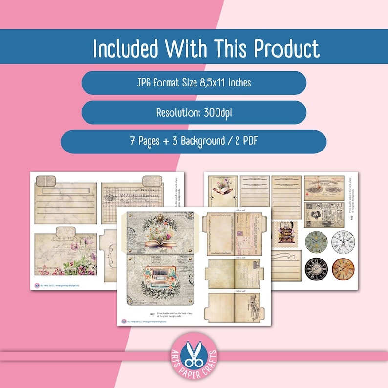 May include: A digital craft kit featuring seven pages and three backgrounds in JPG format, size 8.5x11 inches, 300dpi resolution, and two PDF files. The pages display vintage-style ephemera, including floral illustrations, clock faces, and lined paper.