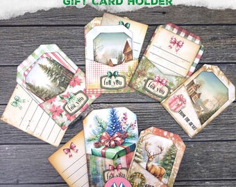 Weihnachten Geschenk Kartenhalter, Taschenanhänger, DIY, Geldhalter, Printable, digitaler Download, rot, grün, Ornament, Tags, Junk Journal, Vintage
