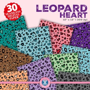 Conjunto de papéis digitais de coração de leopardo - fundo de coração - padrão sem emenda de leopardo - download instantâneo - papel de álbum de recortes de coração