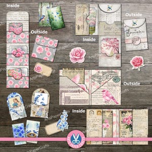 May include: A collection of paper ephemera featuring floral and vintage motifs, including envelopes, pockets, and tags with rose patterns, bird illustrations, and script text. The set displays various paper crafts with inside and outside views.