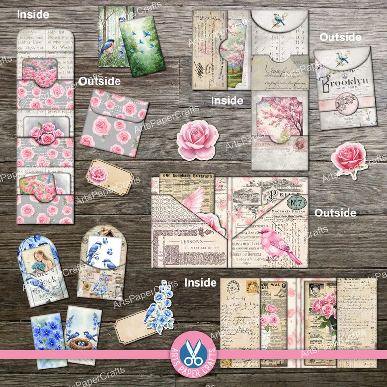 May include: A collection of paper ephemera featuring floral and vintage motifs, including envelopes, pockets, and tags with rose patterns, bird illustrations, and script text. The set displays various paper crafts with inside and outside views.