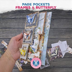 May include: A handmade paper craft featuring page pockets, frames, and butterfly embellishments. The design includes a variety of patterned papers, decorative frames, and colorful butterfly cutouts. The text at the top reads "PAGE POCKETS FRAMES & BUTTERFLY".