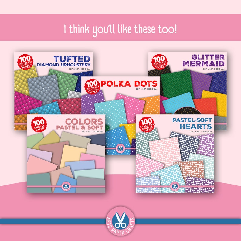 May include: A collection of 100 seamless digital paper patterns, each featuring a different design. The patterns include tufted diamond upholstery, polka dots, glitter mermaid scales, pastel soft hearts, and colours pastel and soft. Each pattern is 30.5 cm by 30.5 cm and 300 dpi.