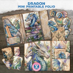 Dragon Mini Printable Folio Kit, Junk Journal, Digital Download, Printable, Craft, Scrapbook Ephemera, Mini Folio, Tags, Blue