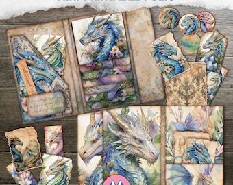 Dragon Mini Printable Folio Kit, Junk Journal, Digital Download, Printable, Craft, Scrapbook Ephemera, Mini Folio, Tags, Blue