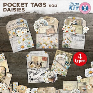 Taschen Tags, Daisy Junk Journal Kit, Verzierungen, Tickets, Daisy Karte, Frühling, Vintage druckbare Ephemera, Papiereinsatz, Shabby Quittung