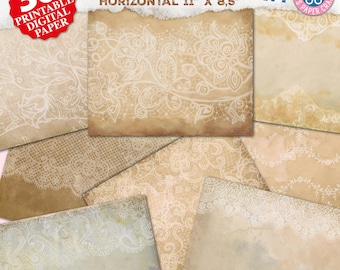 May include: A set of 30 printable digital papers featuring a vintage lace design on a parchment background. The papers are horizontal and measure 11 inches by 8.5 inches.