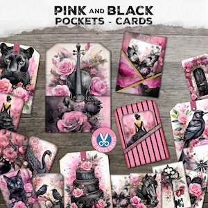 Pink Black, Card, Rose Junk Journal, Printable, Gothic Ephemera, Swan, Butterfly, Mini Folio, Pocket Tags, Ephemera, Craft, Digital Download