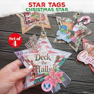 Etichette a forma di stella di Natale, kit per diario natalizio, stampabili, etichette natalizie cariche, download digitale, regalo, Natale vintage, download immagine 1
