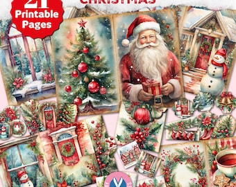 Christmas Junk Journal Kit, Merry Christmas Junk Journal Pages, Winter, Printable, Ephemera Pack, Card, Santa, Digital Download, Gift, Tags