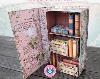 Bookshelf, Bookcase, Junk Journal Kit, Pink, Miniature, Secret Cabinet, Printable Craft Kit, Digital Download, Mini Book Box, Gift, Floral
