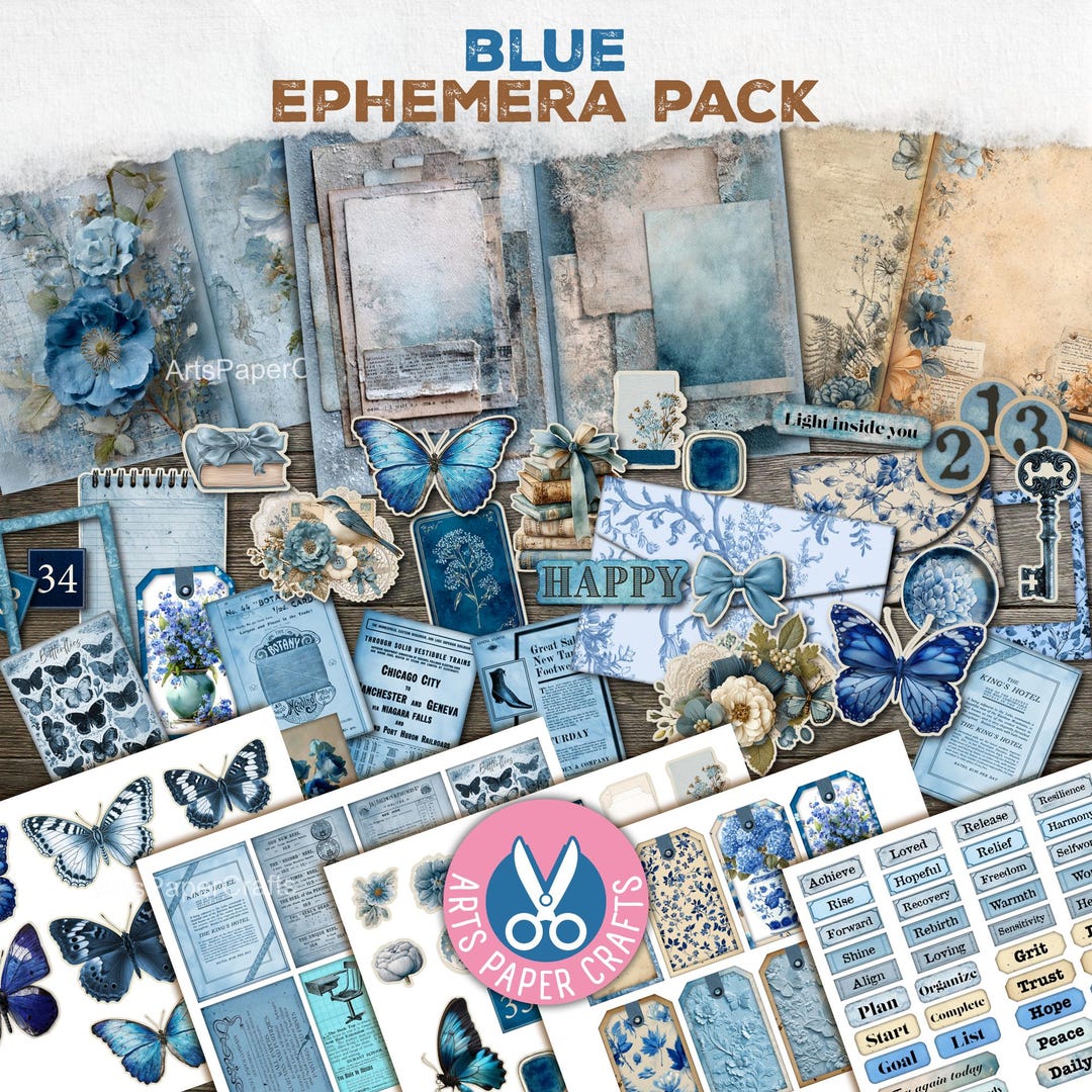 Blue Junk Journal Ephemera Pack, Digital Download, Stamps, Envelopes ...