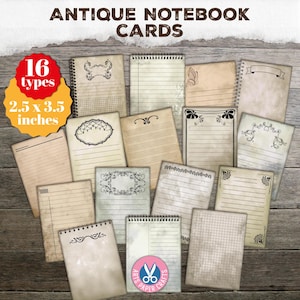 16 tarjetas de cuaderno antiguas, tarjetas rayadas, papel, suministros para diarios basura, descarga digital, kit de efímeras para diarios basura, ATC, imprimible, vintage