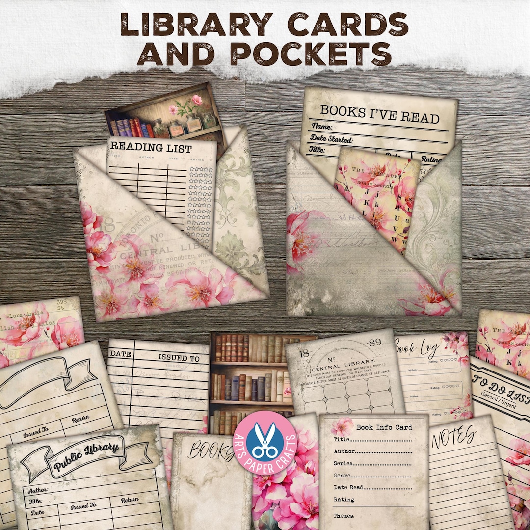 Shabby Library Cards, Vintage Junk Journal, Books, Pink, Craft Kit ...