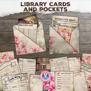 Shabby Library Cards, Vintage Junk Journal, Books, Pink, Craft Kit, Tags, Ephemera, Digital Kit, Download, Printable Pockets, ATC