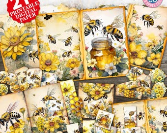 Bee Junk Journal Kit, Bee Floral Journal Pages, Honeybee, Honeycomb, Bee Ephemera, Junk Journal, Summer, Bee, Beekeeper, Honey, Printable