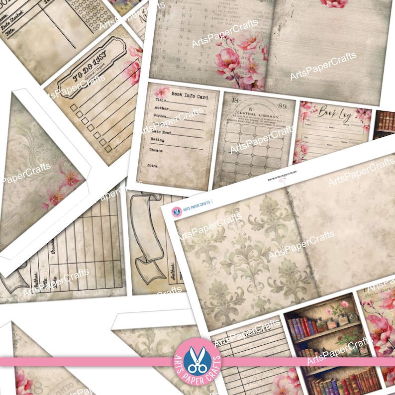 Shabby Library Cards, Vintage Junk Journal, Books, Pink, Craft Kit ...
