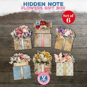 Peut inclure: Un ensemble de 6 cartes Hidden Note Flowers Gift Box en papier, présentant des enveloppes de style vintage avec des compositions florales et des papillons de diverses couleurs. Chaque carte rectangulaire a une fente verticale centrale.