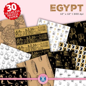 May include: 30 digital papers with Egyptian themed patterns. The patterns include hieroglyphics, pharaohs, pyramids, and crosses. The papers are 12 inches by 12 inches and 300 dpi.