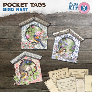 Bolsillos de tarjetas desgastados, nido de pájaro, diario basura, etiquetas de bolsillo, efímeras, papel, kit digital de manualidades, imprimible, bolsillo vintage, etiquetas cargadas