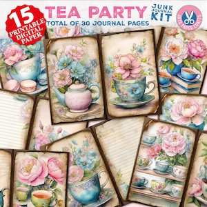 Tea Party Junk Journal Papier, Antik Journal Seiten, Shabby Chic Vintage Teetassen Journal Kit, druckbare Ephemera, Tea Time Digitals