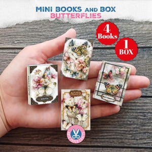 Könnte beinhalten: Vier Miniaturbücher mit Schmetterlings- und Blumenillustrationen auf den Einbänden. Die Bücher zeigen Texte wie Butterflies und Butterfly. Zwei rote runde Abzeichen weisen auf 4 Books und 1 Box hin. Das Set enthält verschiedene künstlerische Darstellungen von Schmetterlingen in sanften Rosa-, Gelb- und Weißtönen.