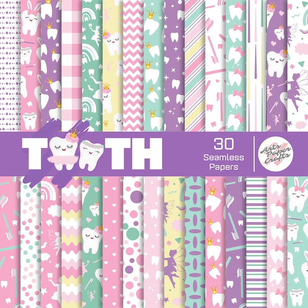 Tooth (Girl) Digital Papers Set - Fairy Background - Tooth Fairy Seamless Pattern - Instant Download - Tooth Scrapbook Paper