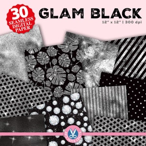 Carte digitali glamour nere - Sfondo diamante glitterato - Modello senza cuciture glitterato - Download istantaneo - Carta per album glamour argento glitterato