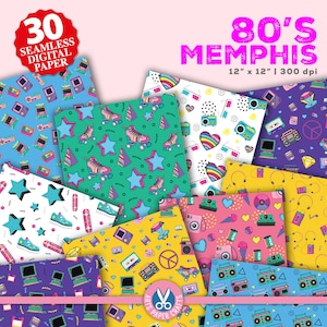 80er Jahre Digitale Papiere Set - Memphis Hintergrund mit Retro Muster - Sofort Download - 80er Jahre Scrapbook Papier
