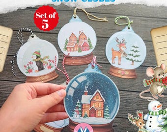 May include: A set of five decorative paper pocket tags shaped like snow globes, featuring illustrations of a penguin, houses, a deer, and a winter cottage. Each tag includes a string for hanging and displays festive holiday-themed imagery.