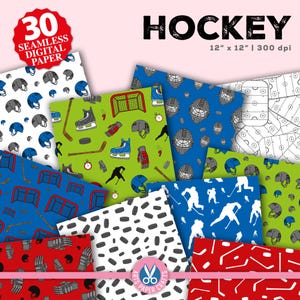 Puede incluir: Colección de 30 papeles digitales sin costuras con diseños de hockey. Incluye cascos, patines, palos, redes y siluetas de jugadores. Cada papel mide 30,48 cm x 30,48 cm.