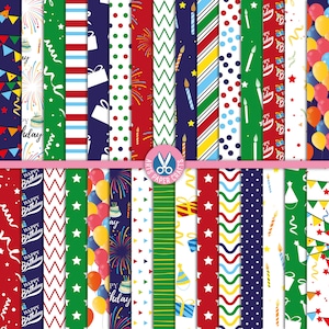 Puede incluir: Una colecci&oacute;n de papeles estampados coloridos con temas de cumplea&ntilde;os. Los dise&ntilde;os incluyen lunares, rayas, velas, globos y el texto "Happy Birthday". Adecuado para manualidades y scrapbooking.