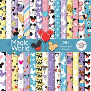 Mickey Magic World Digital Paper Sets - Mickey Magic World Theme Party - Yellow Purple Blue - Boy or Girl Background - Instant Download