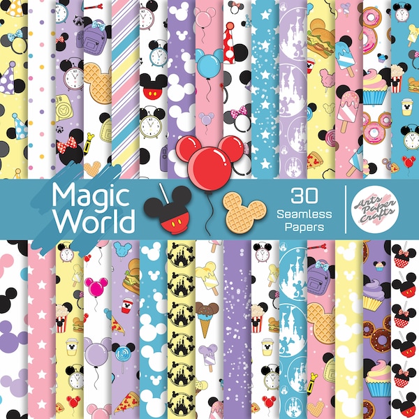 Mickey Magic World Digital Paper Sets - Mickey Magic World Theme Party - Jaune Violet Bleu - Fond garçon ou fille - Téléchargement instantané