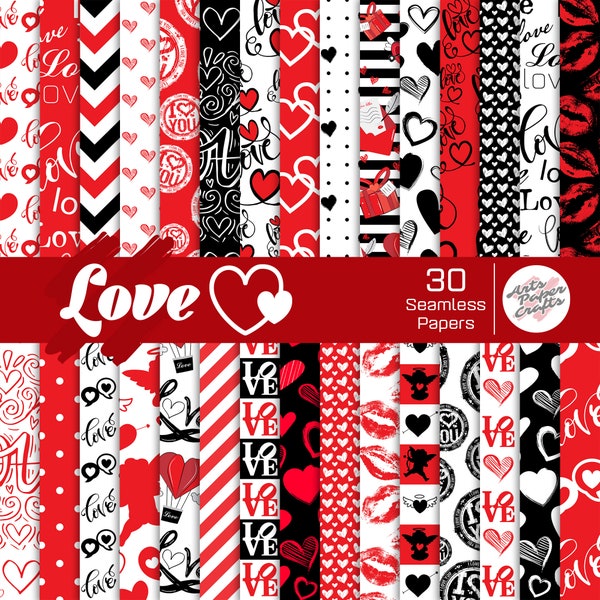 Amor papel digital sin costuras - Fondo de corazones de San Valentín de amor - Papeles de álbum de recortes de amor - Papeles de fiesta de amor - Descarga instantánea de amor