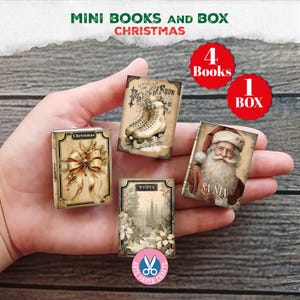 Noël doré, mini livres, imprimable, miniature, journal indésirable, téléchargement numérique, ornement, cadeau, vintage, neutre, boîte à livre, père Noël, beige