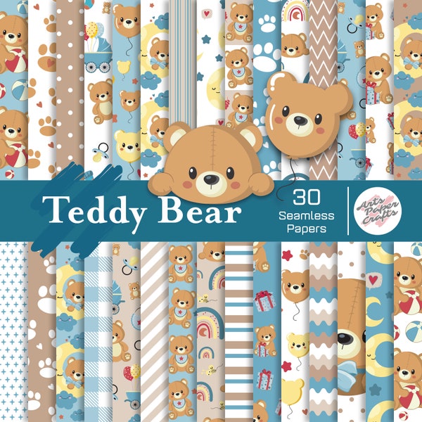 Teddy Bear Digital Paper - Teddy Bear Background - Nursery Seamless Pattern - Instant Download - Baby Boy Scrapbook Paper