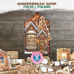 May include: A gingerbread shop folio folder featuring a detailed illustration of a gingerbread house with a storefront window, a decorated tree, and a door. The text GINGERBREAD SHOP FOLIO / FOLDER is printed at the top of the image.