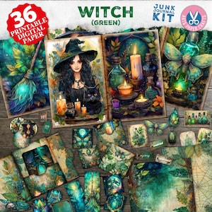 Grüne Hexe Junk Journal Kit - Zauberbuch Hexe Collage Printables - Fantasy Kit - Scrapbooking - Hexen und Natur Junk Journal Papier