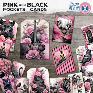 Rosa Schwarz Taschen Karten - Rosen Junk Journal Printables - Romanze Junk Journal Kit - Gothic Ephemera - Rosen Junk Journal - Schwan Schmetterling