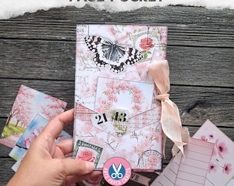 Shabby Chic skräpjournalkit, rosa efemera, utskrivbara sidor, flikmapp, folio, vintage, ficketiketter, digital nedladdning, fjäril, kort