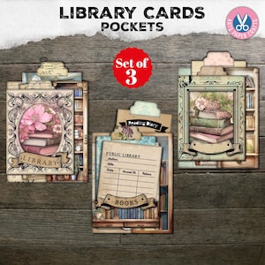 Junk Journal, Library Card Pockets, Tab Folder, Shabby Library Card, Roses Pink, Paper, Craft Digital Kit, Printable, Vintage Loaded Pocket